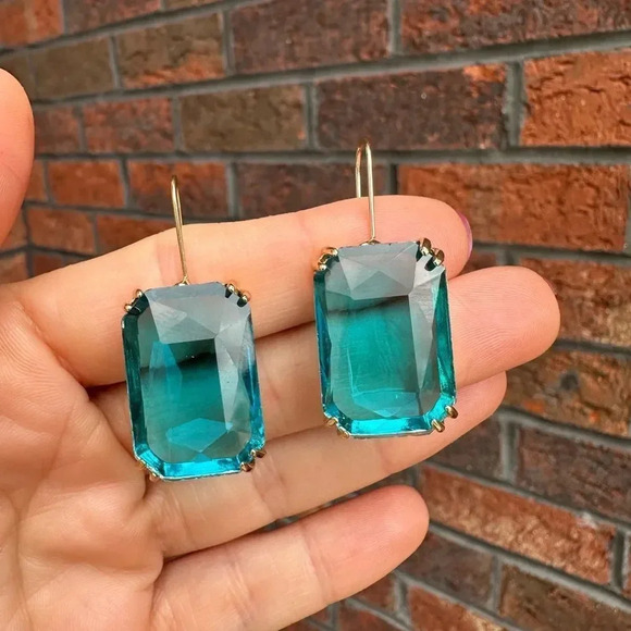 Aquamarine Crystal Gold Hook Earrings - Picture 3 of 9